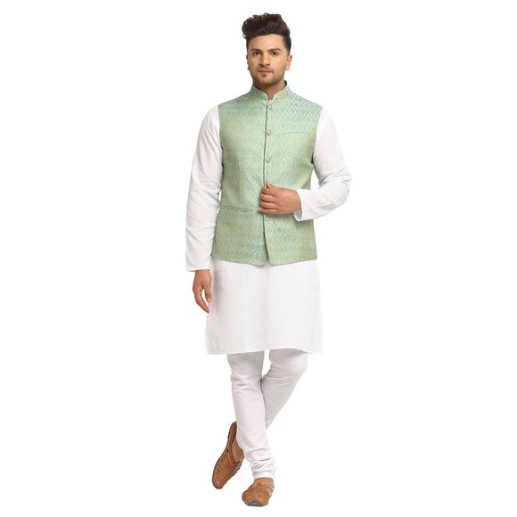 Sleeveless Traditional Brocade Silk Turquoise Green Nehru Jacket by Treemoda - Picture 5 of 5